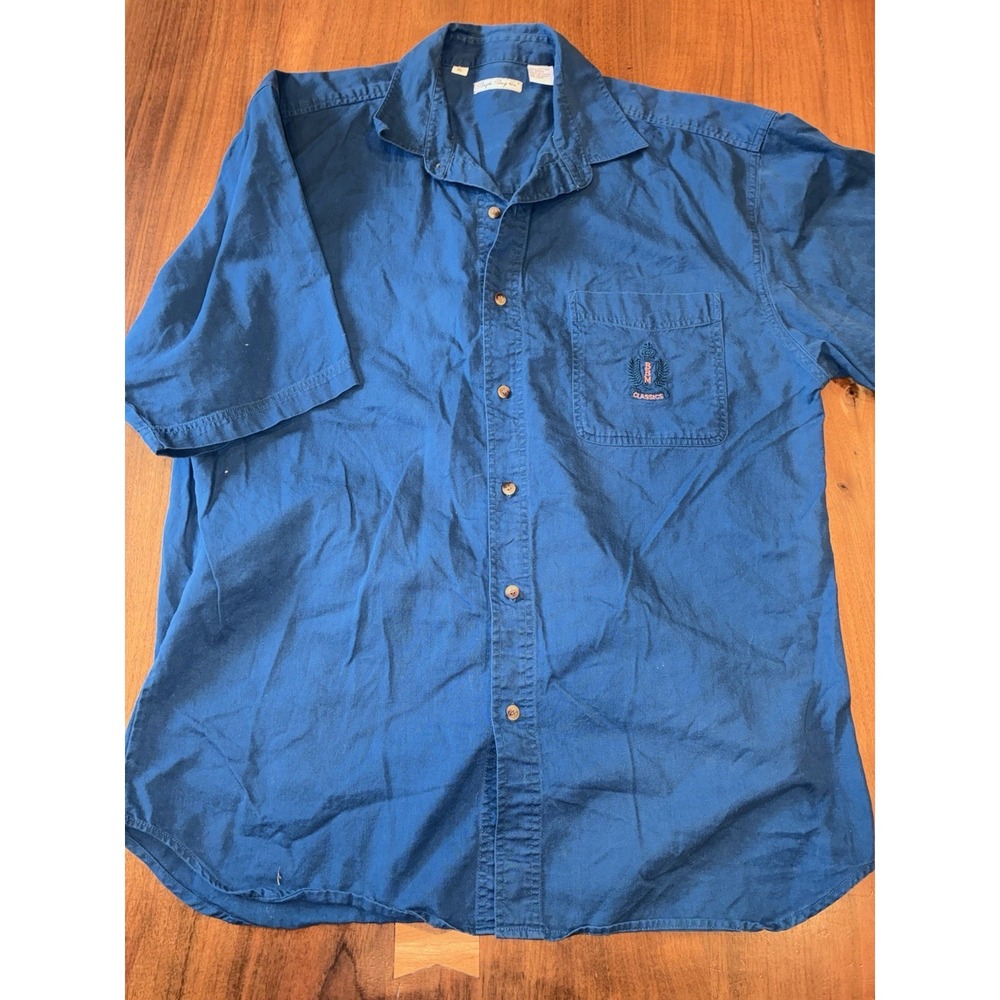 Bugle Boy Crest Pocket Shirt BLUE Cotton Short Sleeve Vintage 90s Men XL